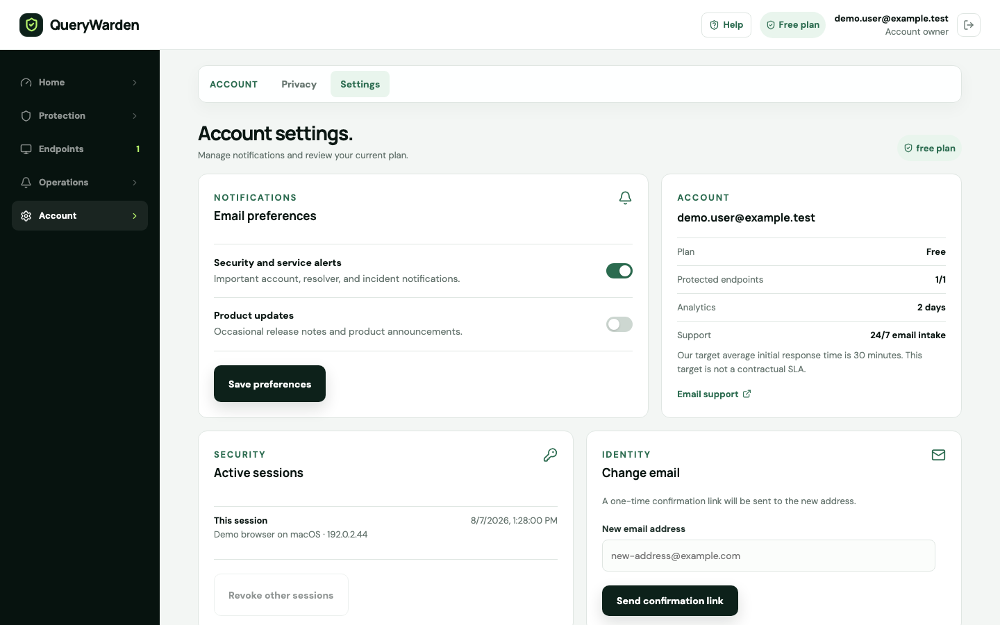 Anonymous QueryWarden Account settings workspace showing sessions, email identity, and data controls.